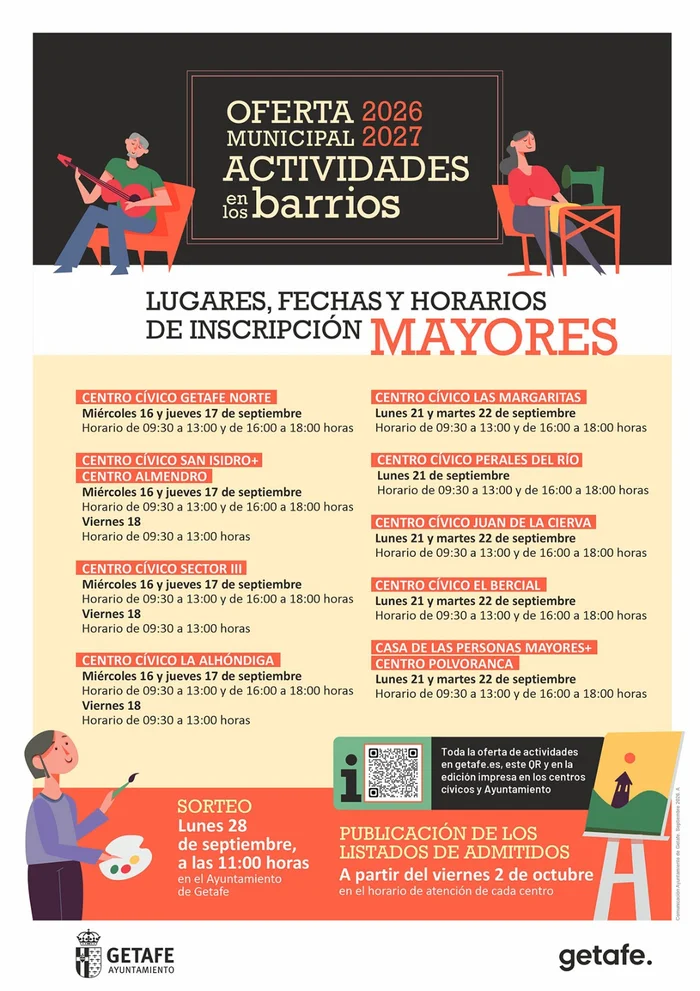 Cartel de la oferta municipal de actividades en los barrios de Getafe 2026/2027